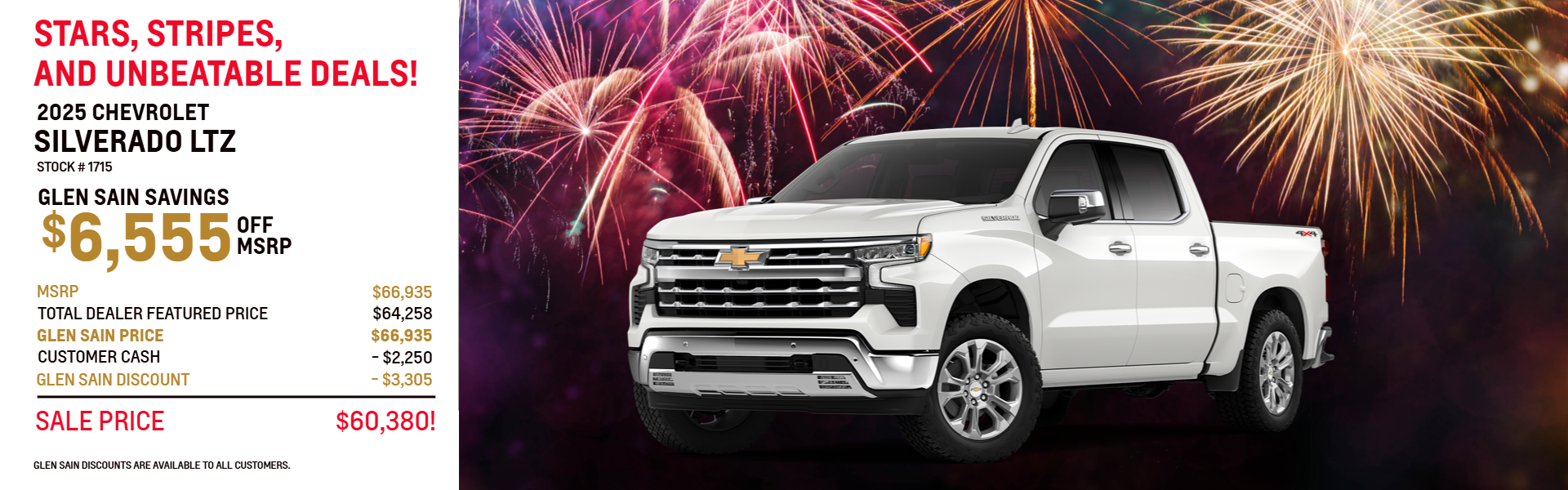 White Silverado on firework background with offer